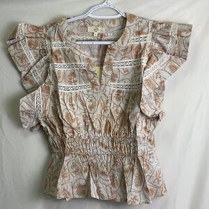 Entro Caramel Abstract Leaf Print Peplum Blouse